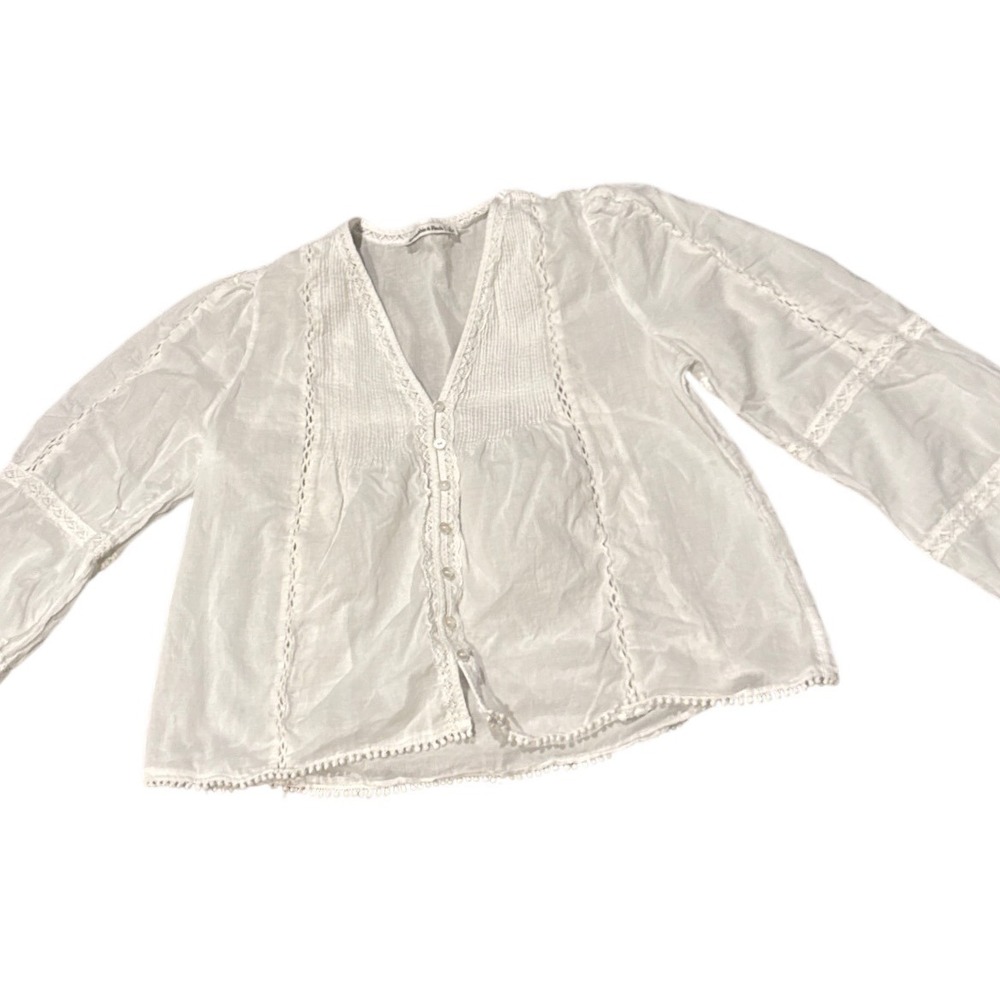 Abercrombie & Fitch Woman's White Cotton Lace Trim Pom Pom Peasant Blouse Small
